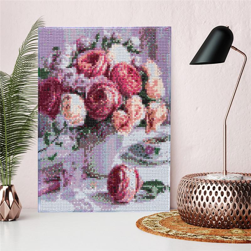 Fleurs roses | Kits complets de peinture au diamant rond (avec cadre) 