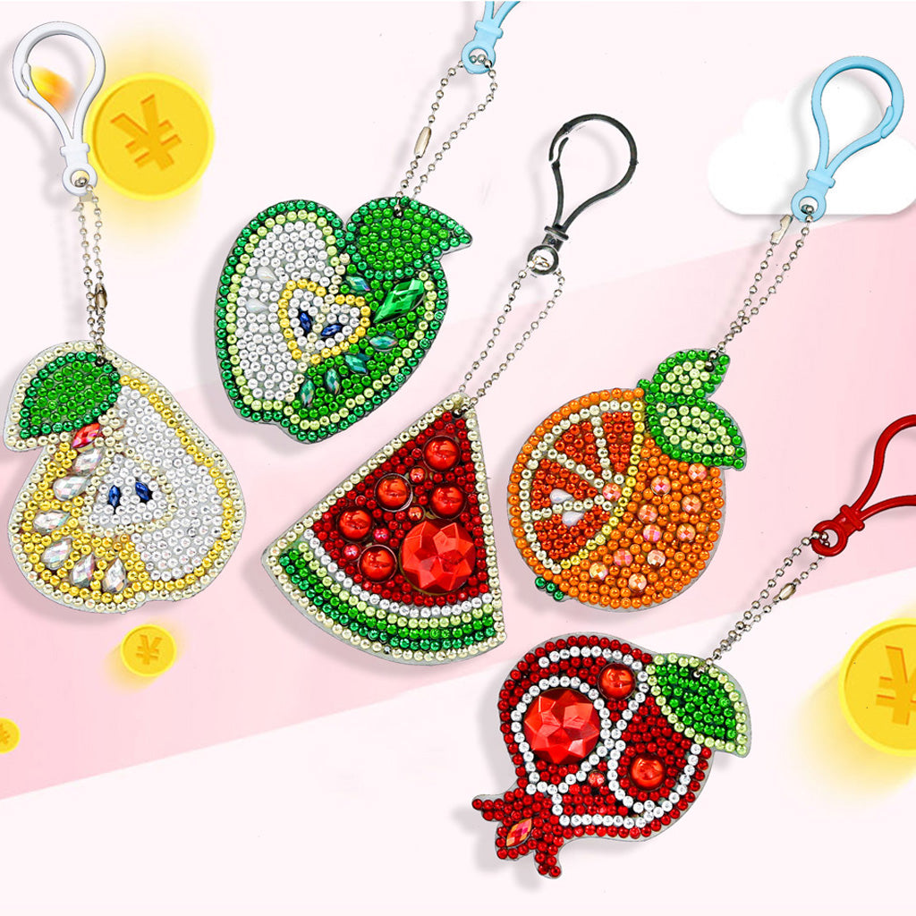 5 pièces bricolage ensembles de fruits en forme spéciale pleine perceuse diamant peinture porte-clés avec porte-clés bijoux cadeaux pour fille sacs 