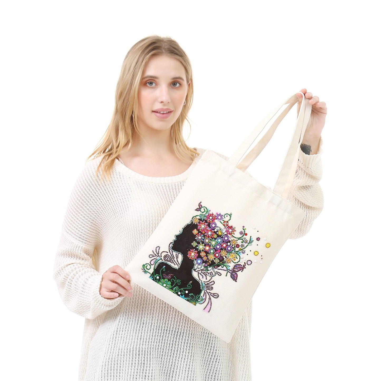 DIY Rhinestone Diamond Painting Flower Woman Tote Bag