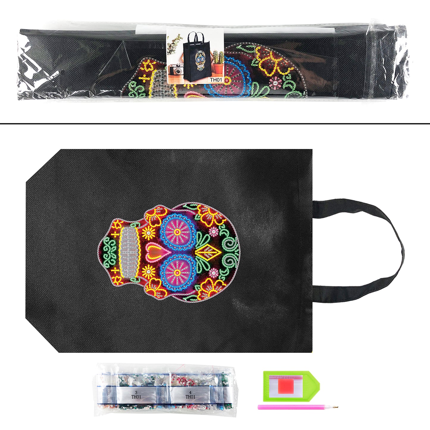 DIY Diamond Painting Black Eco Bag-Mandala Flower