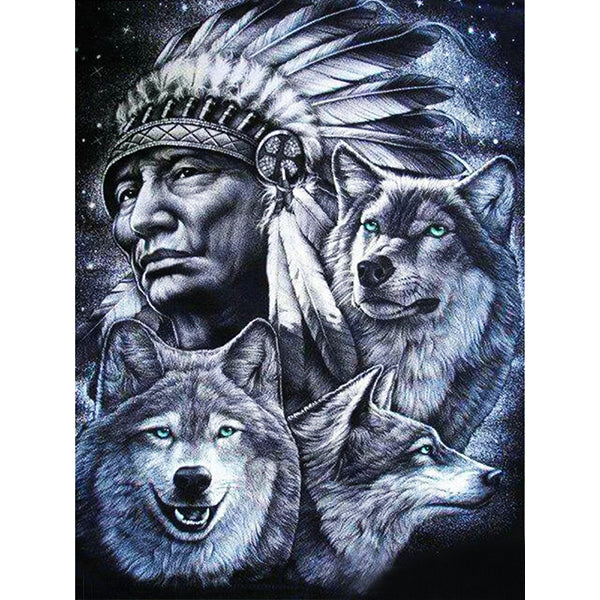 Indianer oder Wolf | Vollständige runde Diamant-Malkits