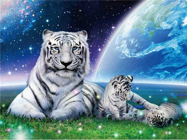 Univers et Tigre | Kits complets de peinture au diamant rond 