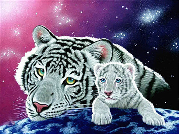 Univers et Tigre | Kits complets de peinture au diamant rond 