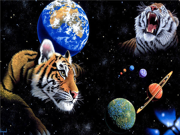 Univers et Tigre | Kits complets de peinture au diamant rond 