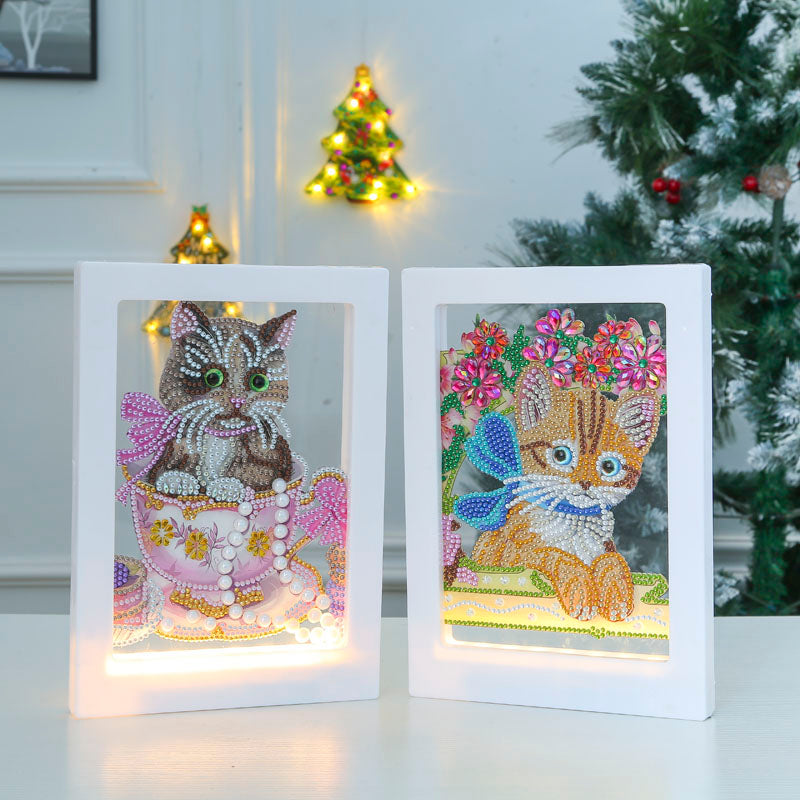 DIY flower cat diamond painting led lamp night light home desk photo frame painting decoration