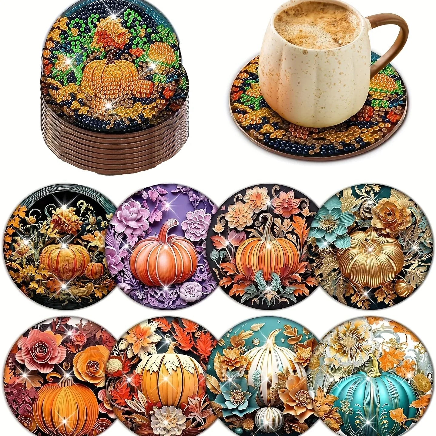 8 pcs set DIY Special Shaped Diamond Painting Coaster  | pumpkin（no holder）