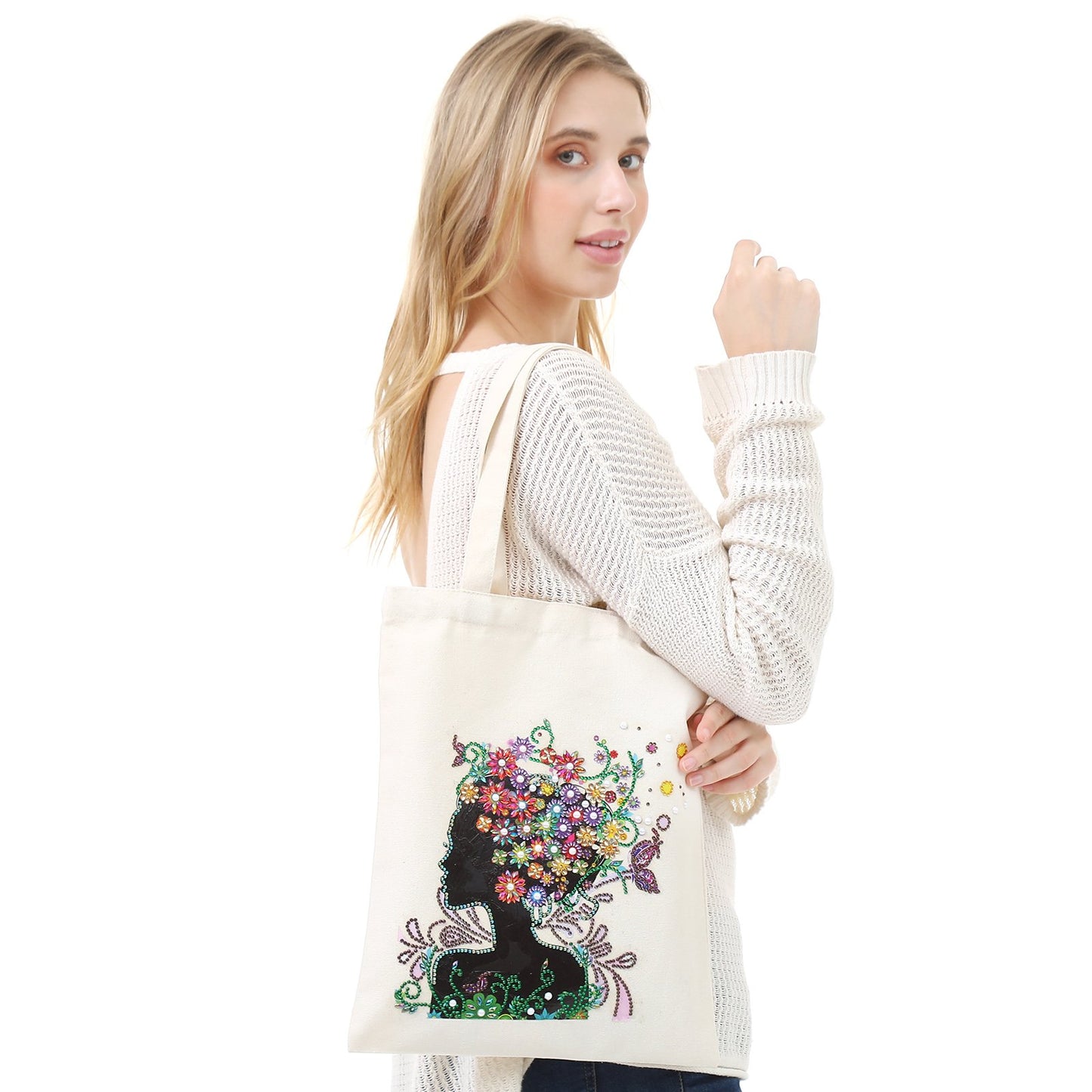 DIY Rhinestone Diamond Painting Flower Woman Tote Bag