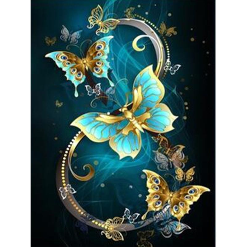 Papillon bleu doré | Kits complets de peinture au diamant rond