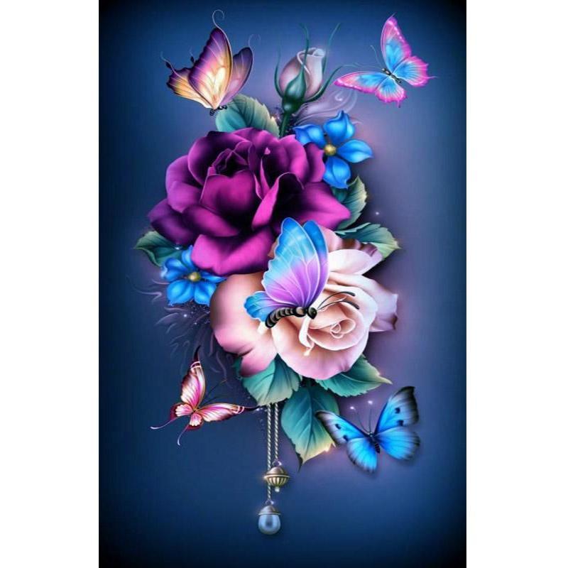 Papillon fleur rose pourpre | Kits complets de peinture au diamant rond 