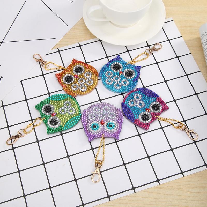 5pcs DIY Owl Sets Special Shaped Full Drill Diamond Painting Key Chain with Key Ring Jewelry Gifts for Girl Bags
