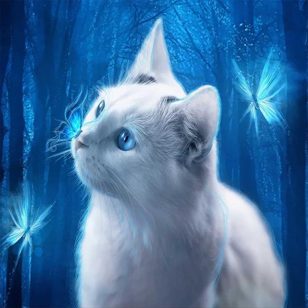 Blue back white cat  | Full Round Diamond Painting Kits