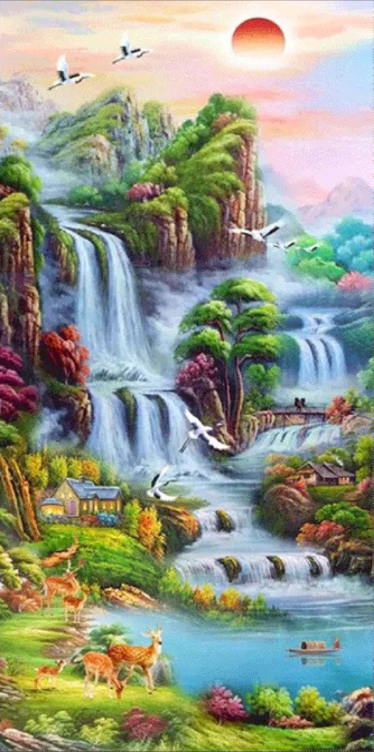 Paysage de cascade | Kits complets de peinture diamant rond | 45*85 cm