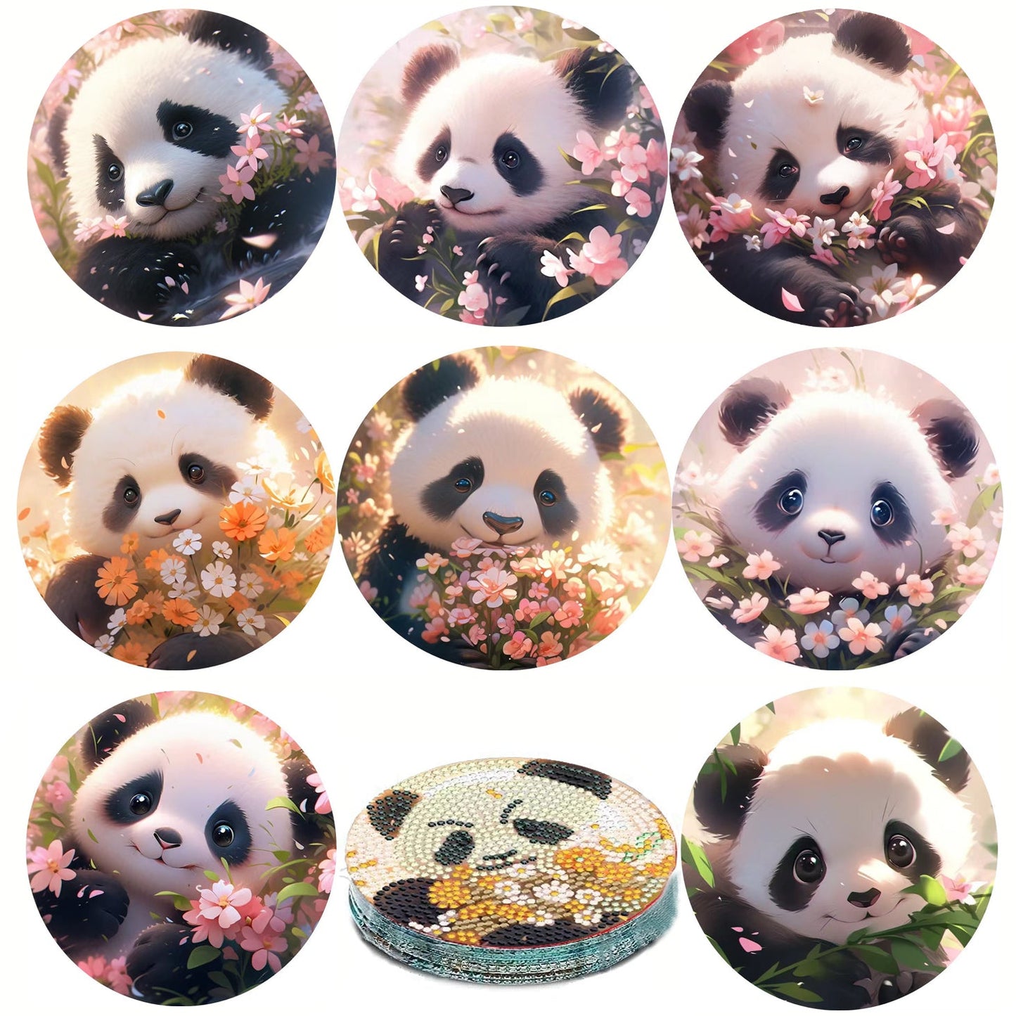 8 pcs set DIY Special Shaped Diamond Painting Coaster  | panda（no holder）