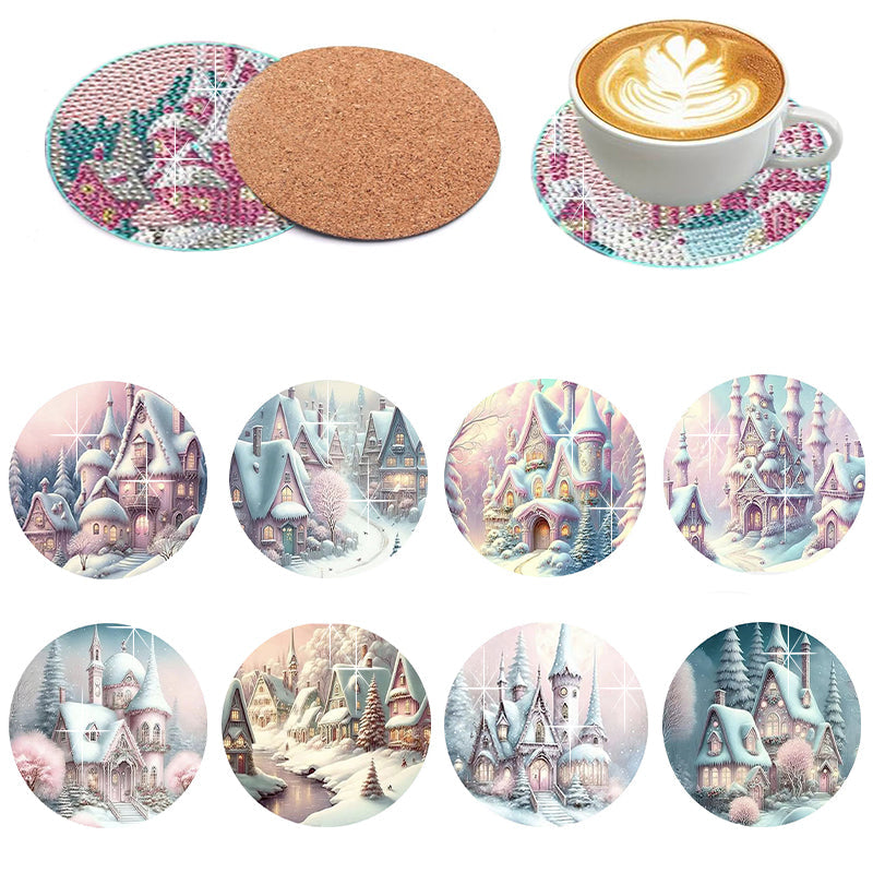 8 pcs set DIY Special Shaped Diamond Painting Coaster  | snow scene（no holder）