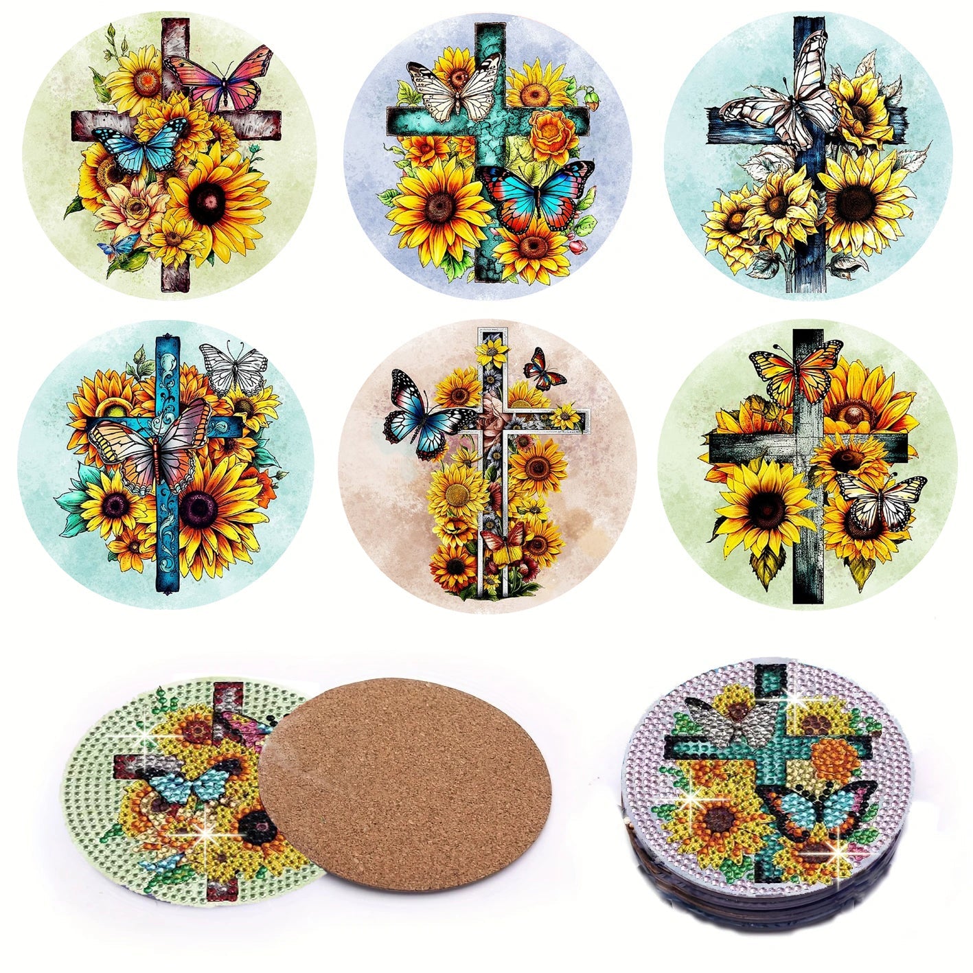 6 pcs set DIY Special Shaped Diamond Painting Coaster  | sunflower cross（no holder）