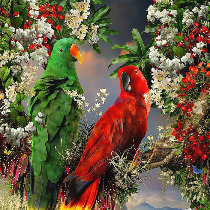 Roter und grüner Papagei | Vollständige runde Diamant-Malkits