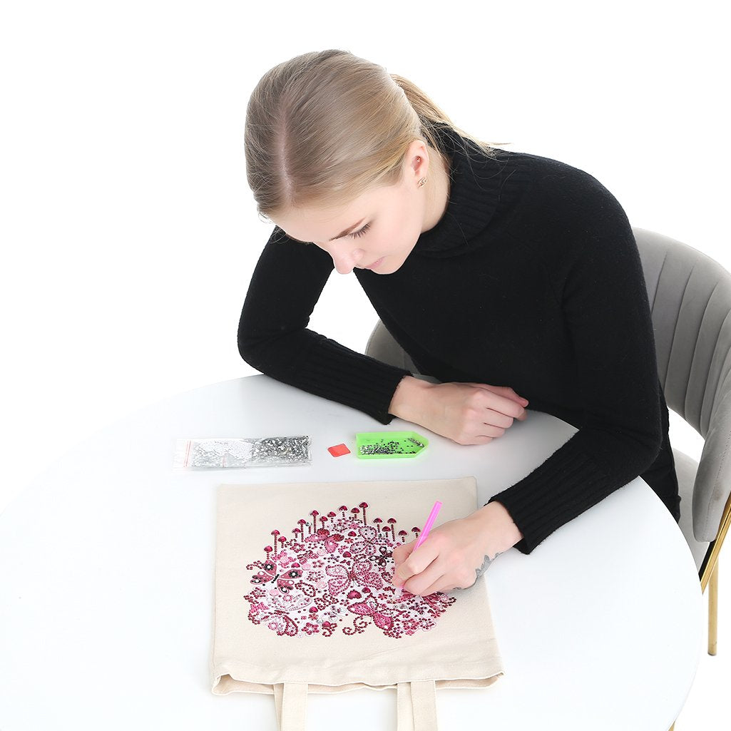 DIY Rhinestone Diamond Painting Pink Butterfly Heart Tote Bag