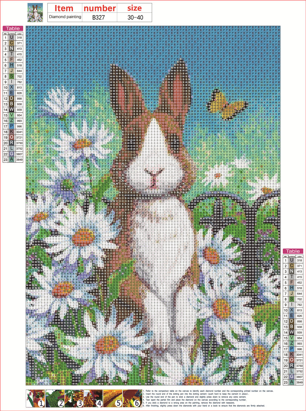 Lapin et fleurs | Kits complets de peinture au diamant rond 