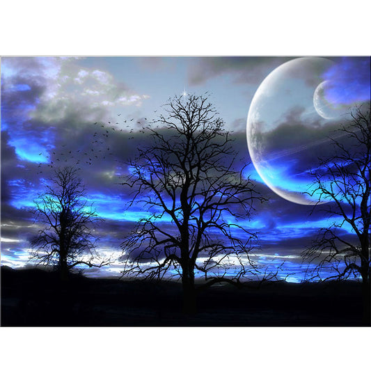 Blue Moon et l'arbre | Kits complets de peinture au diamant rond 