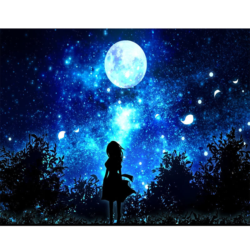 Blue Moon And Girl  | Full Round Diamond Painting Kits