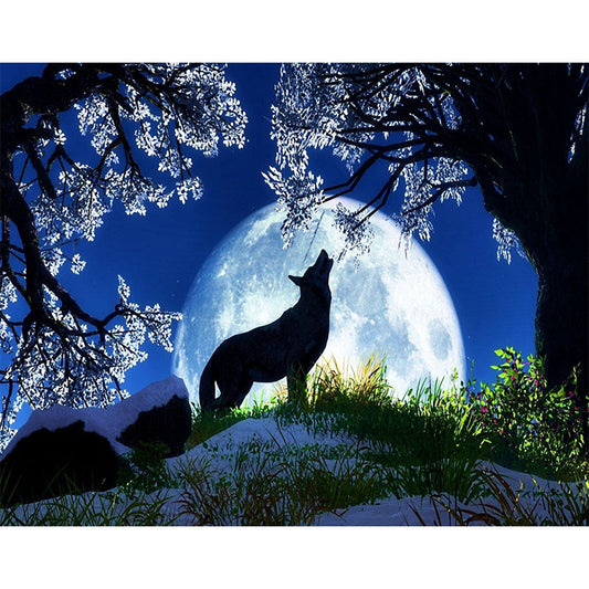 Wolf, der unter dem Mond heult | Vollständige runde Diamant-Malkits