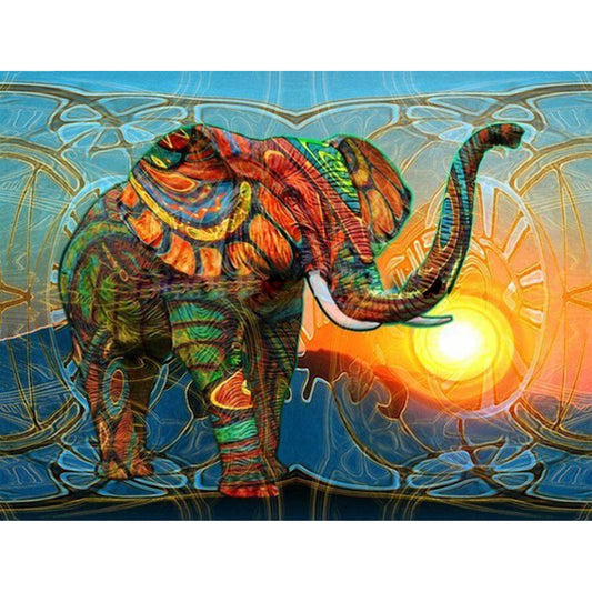 Éléphants colorés et le soleil | Kits complets de peinture au diamant rond 