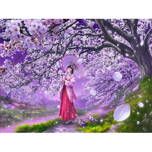 Fille japonaise aux fleurs de cerisier | Kits complets de peinture au diamant rond
