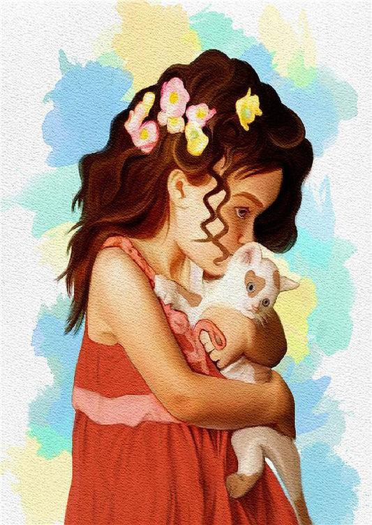 Little girl and cat | Full Round Diamond Painting Kits