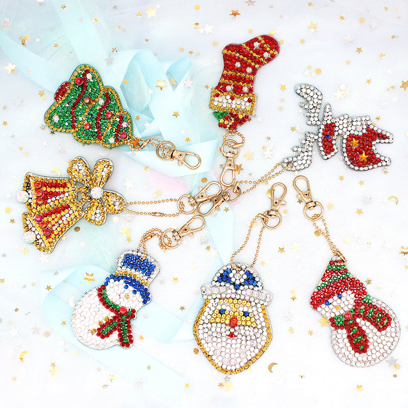 7 pièces bricolage ensembles de noël en forme spéciale pleine perceuse diamant peinture porte-clés avec porte-clés bijoux cadeaux pour fille sacs 