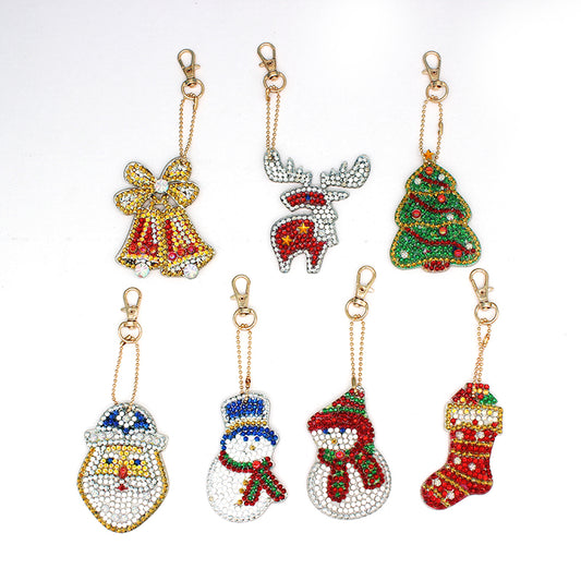 7pcs DIY Christmas Sets Special Shaped Full Drill Diamond Painting Key Chain with Key Ring Jewelry Gifts for Girl Bags