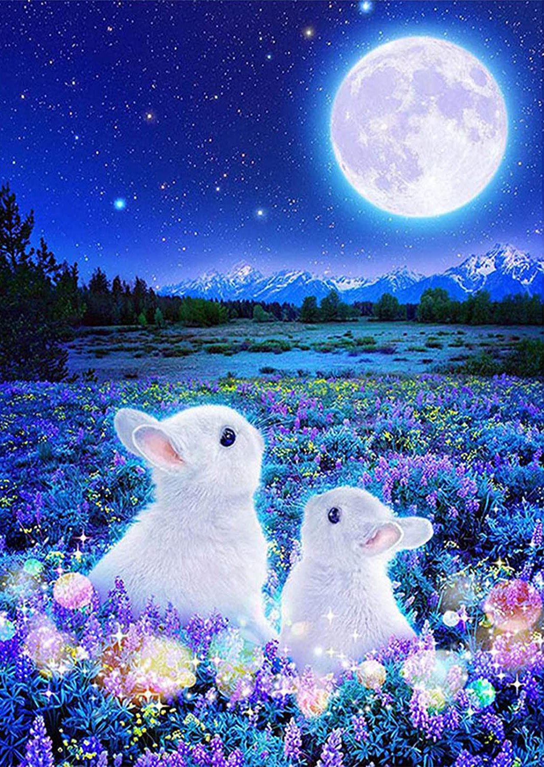 Lapin blanc et lune | Kits complets de peinture au diamant rond 