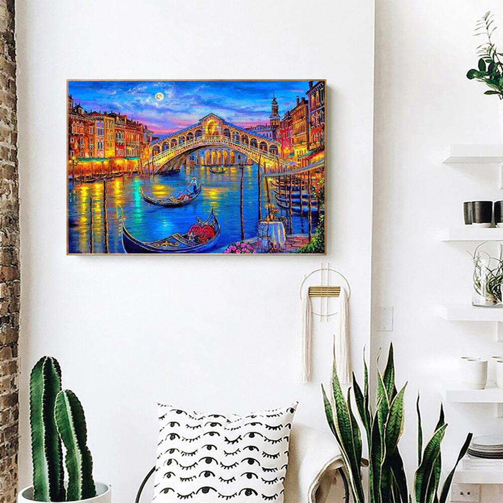 Vue nocturne de Venise | Kits complets de peinture au diamant rond 