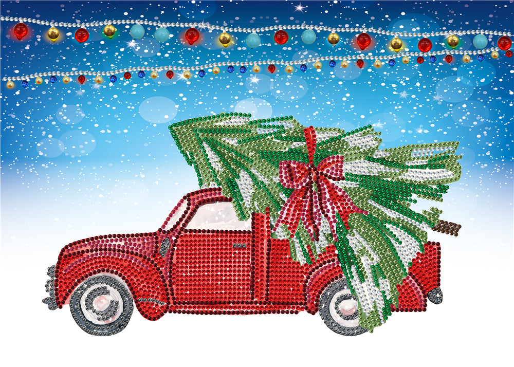 Camion rouge avec sapin de Noël | Kit de peinture au diamant de forme spéciale