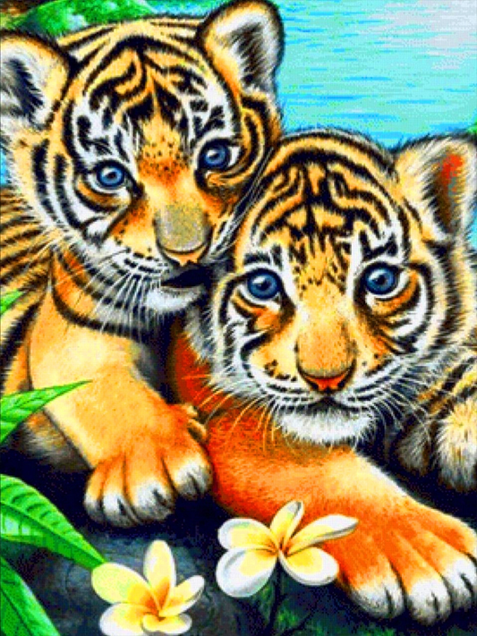 Deux petits tigres | Kits complets de peinture au diamant rond 