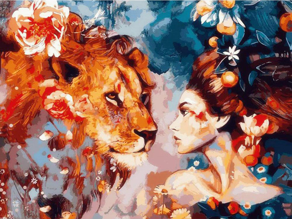 Lion and woman | Full Round Diamond Painting Kits