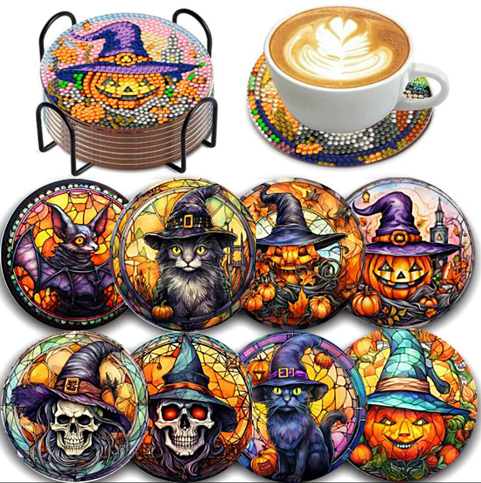 8 pcs set DIY Special Shaped Diamond Painting Coaster  | halloween （no holder）