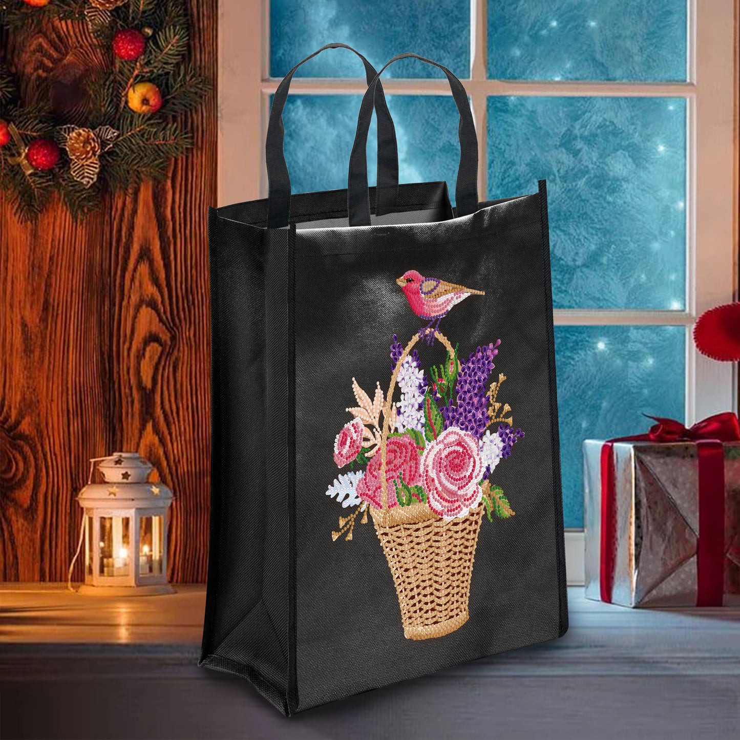 DIY Diamond Painting Black Eco Bag-Flower Basket