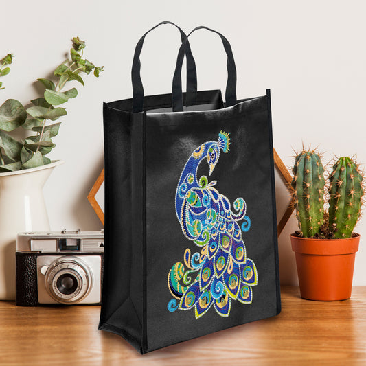 DIY Diamond Painting Black Eco Bag-Peacock