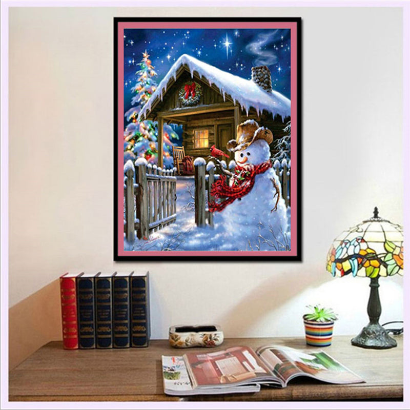 Snowman And Hut  | Full Round Diamond Painting Kits