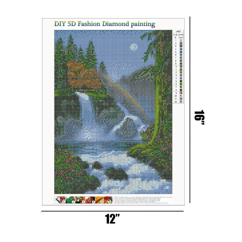 Vue sur la cascade | Kits complets de peinture au diamant rond 