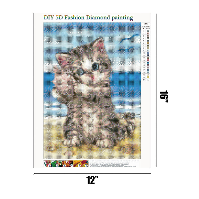 Cat Listening To Shells On The Beach | Full Round Diamond Painting Kits
