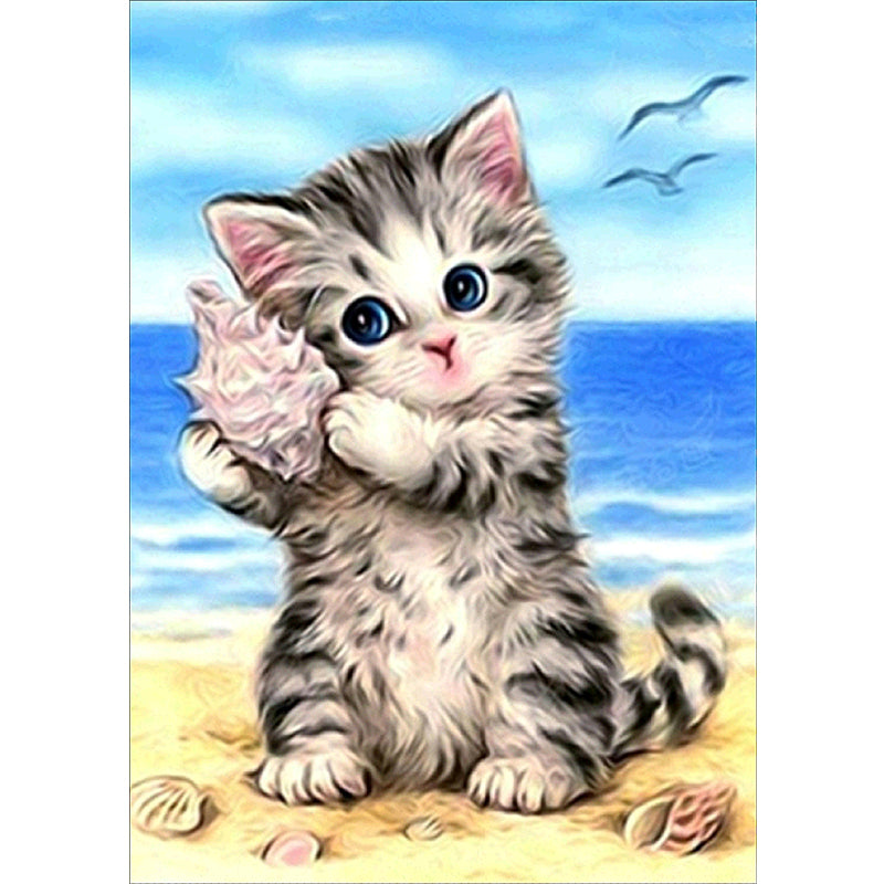 Cat Listening To Shells On The Beach | Full Round Diamond Painting Kits
