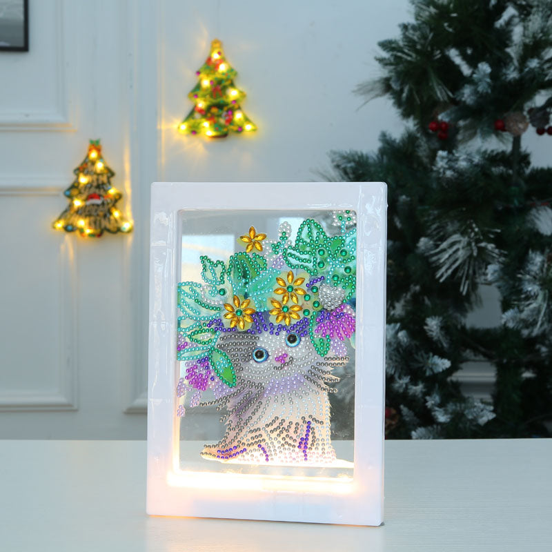 DIY Blume Katze Diamant Malerei LED Lampe Nachtlicht Schreibtisch Fotorahmen Malerei Dekoration