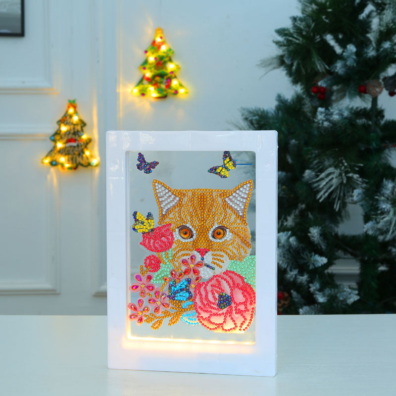 DIY two kittens in the flower basket diamond painting led lamp night light home desk photo frame painting decoration
