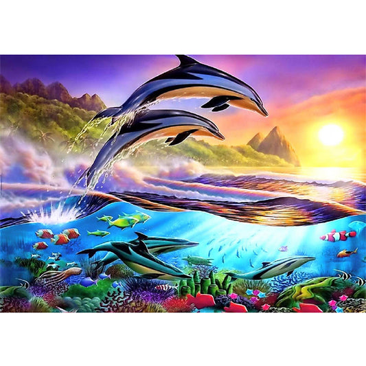 Paysage marin des dauphins | Kits complets de peinture au diamant rond
