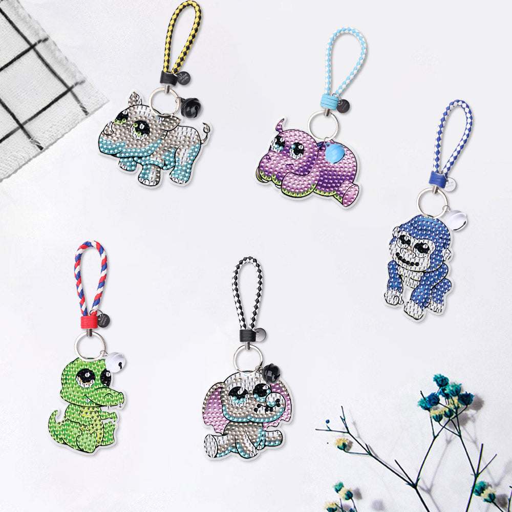 DIY Diamond Painting Leather Cord Keychain | Animals | 5 Piece Set