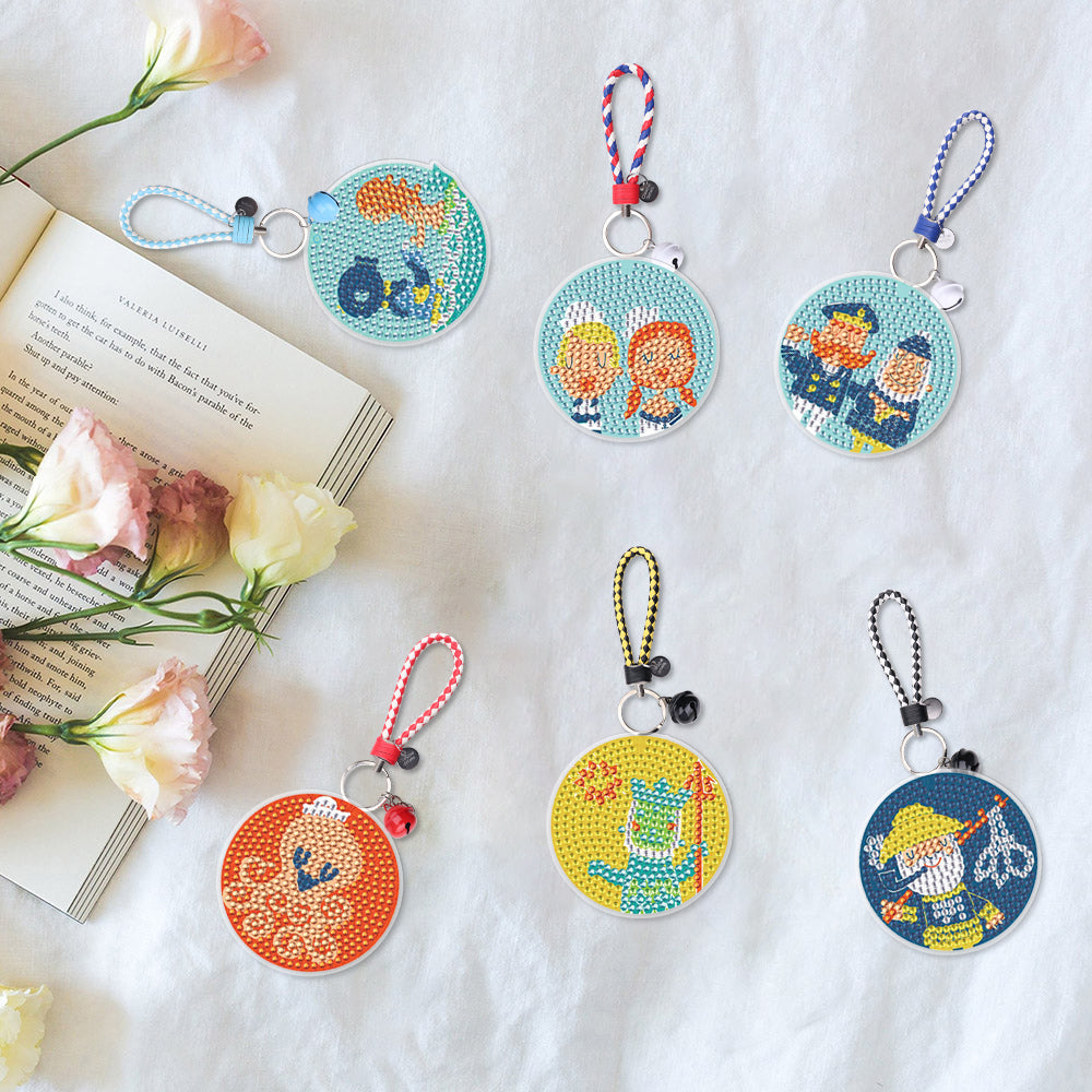 DIY Diamond Painting Leather Cord Keychain |  Cartoon | 6 Piece Set