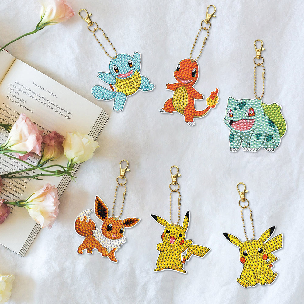 DIY Diamond Painting Leather Cord Keychain | Pokémon  | 6 Piece Set