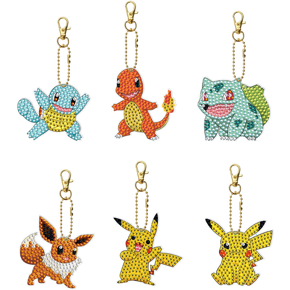 Porte-clés cordon en cuir peinture diamant bricolage | Pokémon | Ensemble de 6 pièces