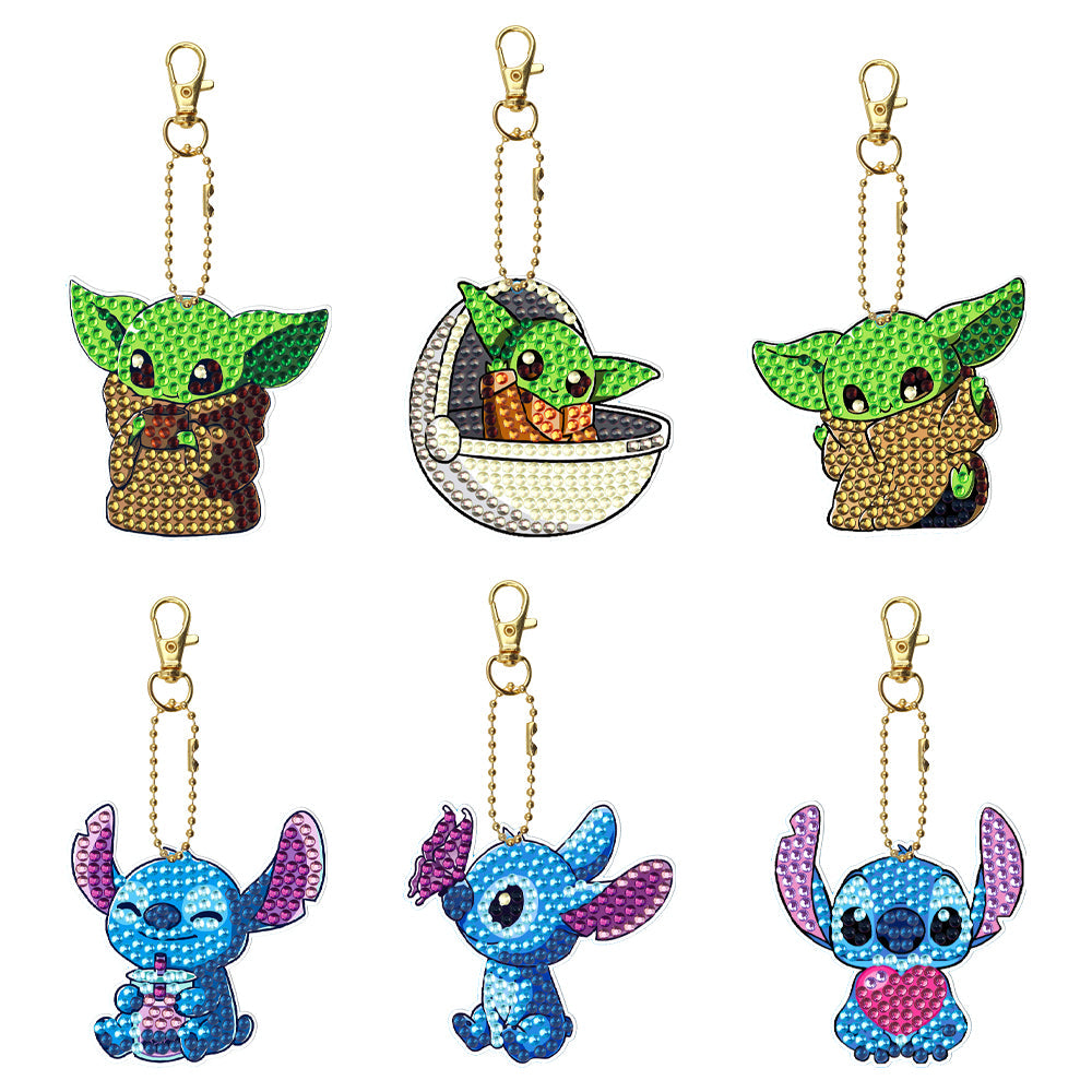 Porte-clés cordon en cuir peinture diamant bricolage | Stitch et Yoda | Ensemble de 6 pièces